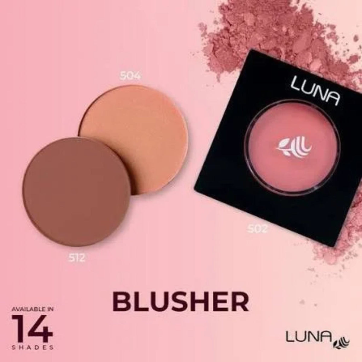 Refect Beauty LUNA silky powder blush compacts in various shades with loose powder on a soft pink background