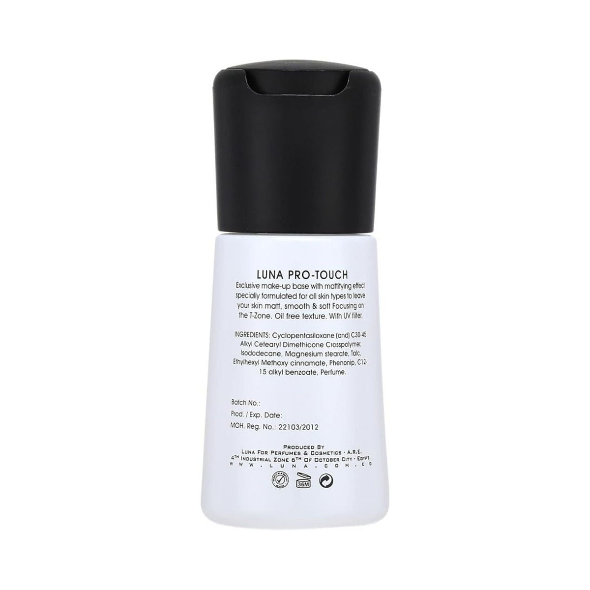 Refect Beauty Luna Pro-Touch mattifying makeup primer bottle with black pump cap and white label details