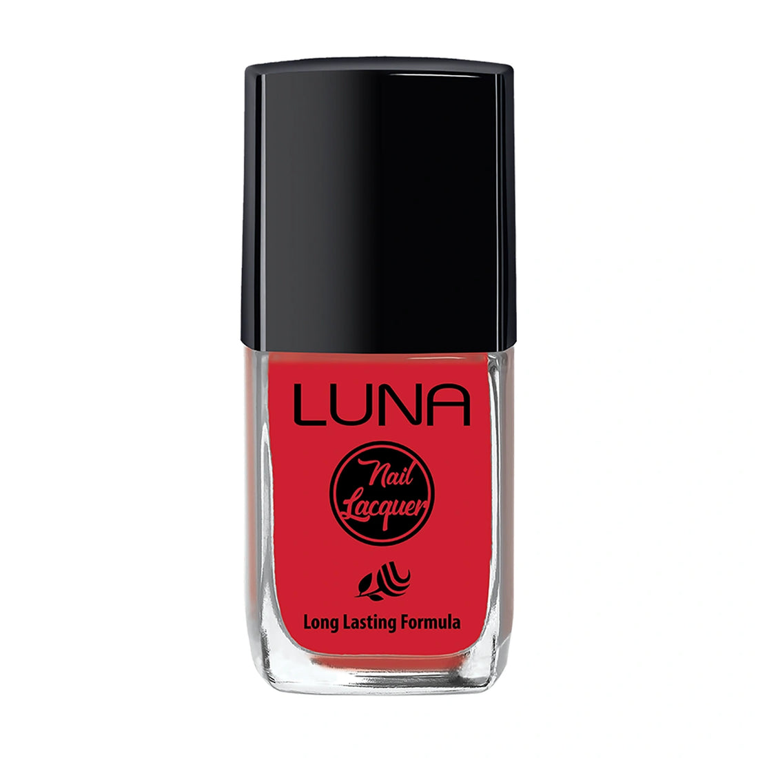 Refect Beauty Luna Nail Lacquer in a vibrant red shade with a high-gloss finish in a clear glass bottle.