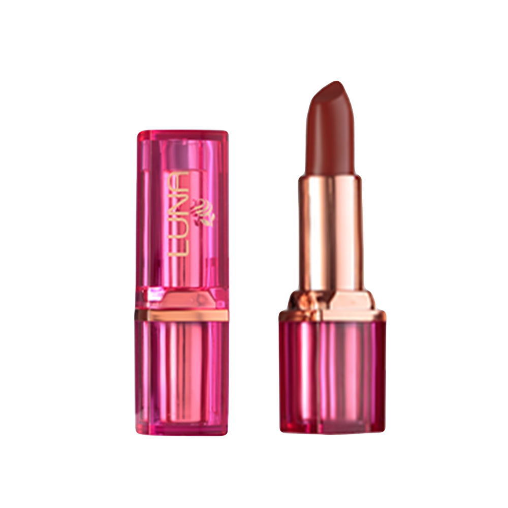 Refect Beauty LUNA semi matte lipstick in a deep berry shade with a vibrant pink translucent cap and gold base.