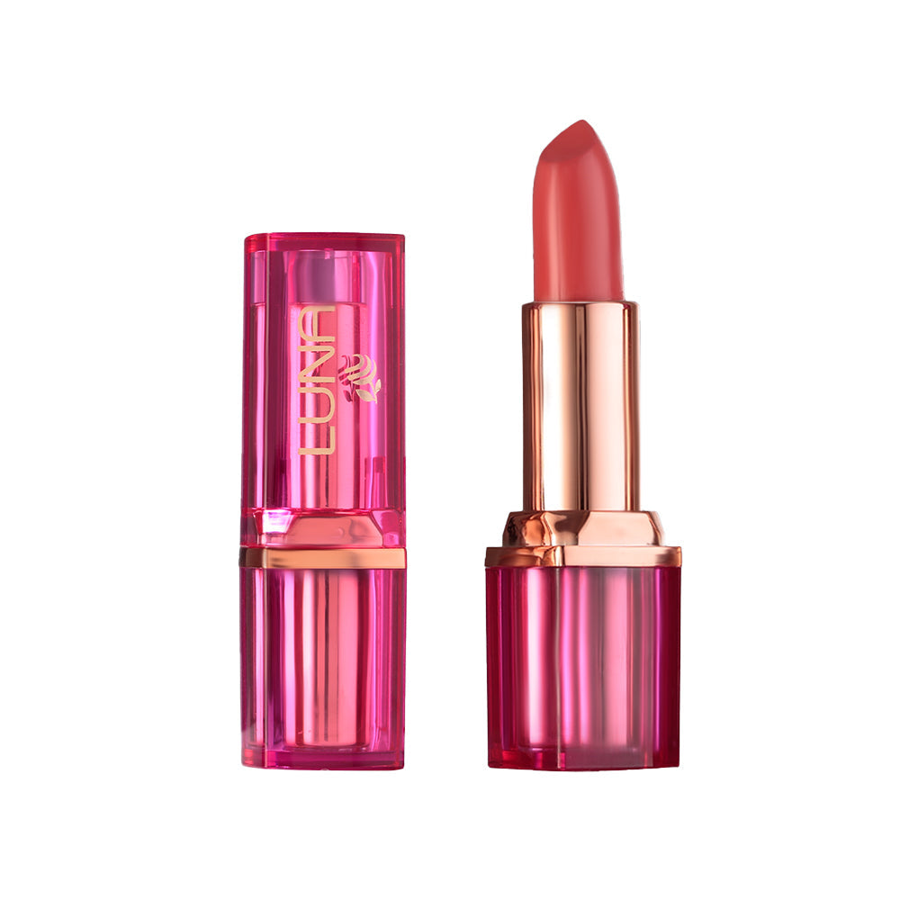 Refect Beauty LUNA semi matte lipstick in a vibrant coral shade with a translucent pink case and rose gold accents.