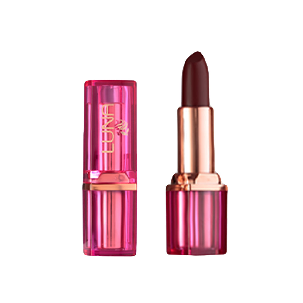 Refect Beauty LUNA semi matte lipstick in a deep berry shade with a vibrant pink translucent cap