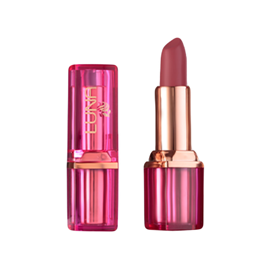 Refect Beauty LUNA semi matte lipstick in a vibrant pink translucent case with a rose gold metallic base
