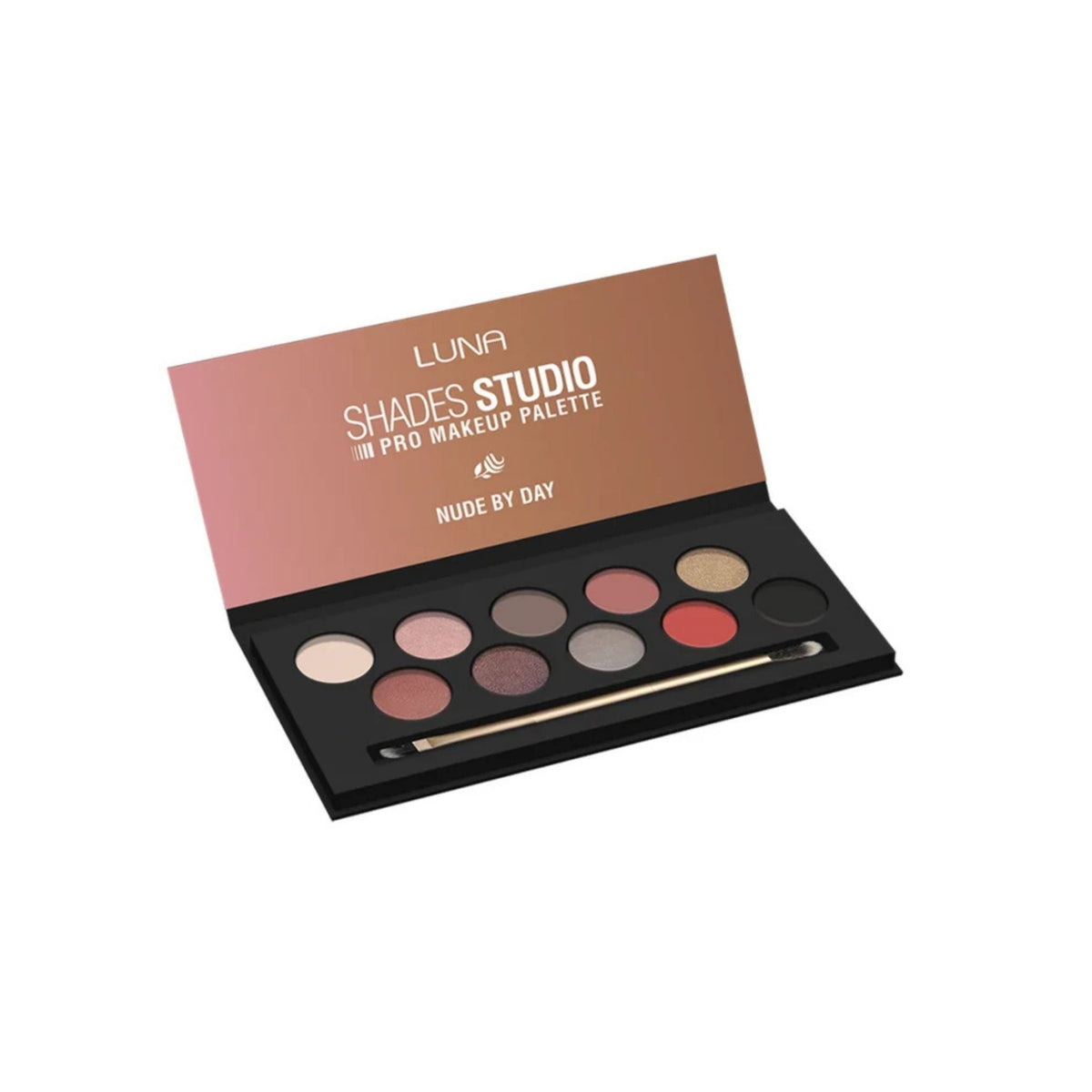 Refect Beauty Luna Shades Studio Pro eyeshadow palette with 10 nude matte and shimmer shades and a dual-ended brush.