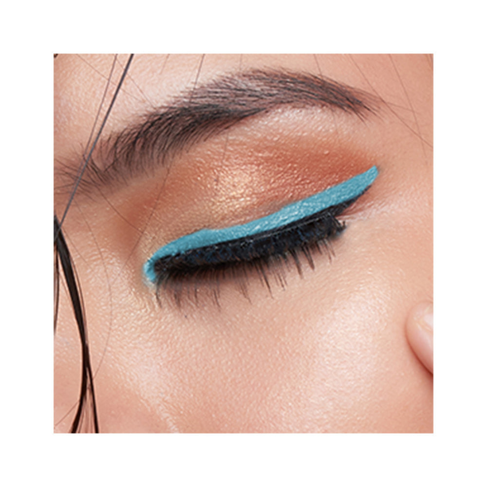 Refect Beauty LUNA Eye Liner Pencil applied as a bold, vibrant turquoise winged line on a model's eyelid.