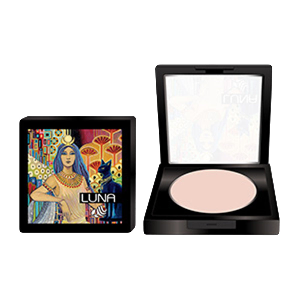 Refect Beauty LUNA wet and dry face powder in a black compact with an artistic Egyptian-themed lid design