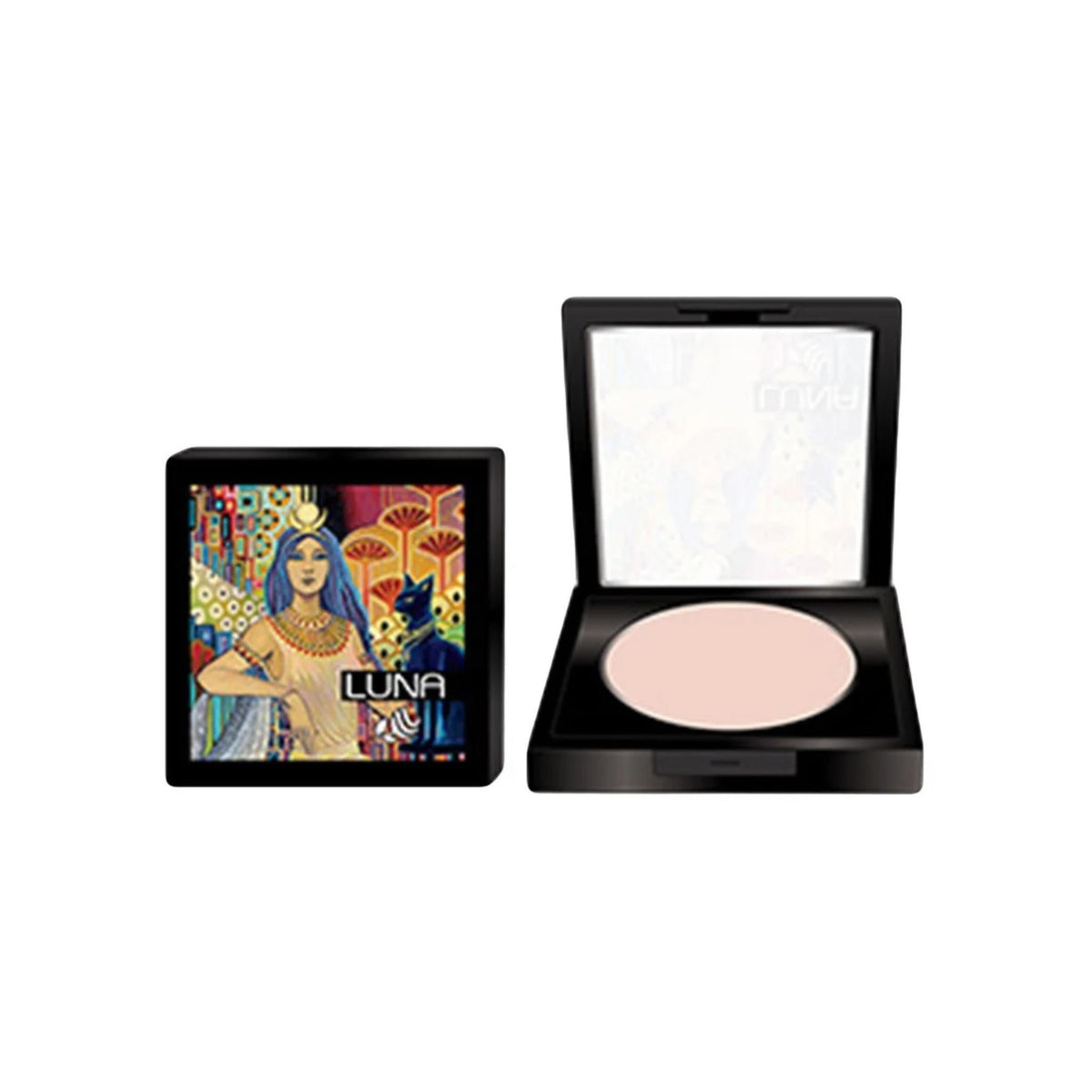 Refect Beauty LUNA wet and dry face powder in a black compact with decorative Egyptian-themed lid art
