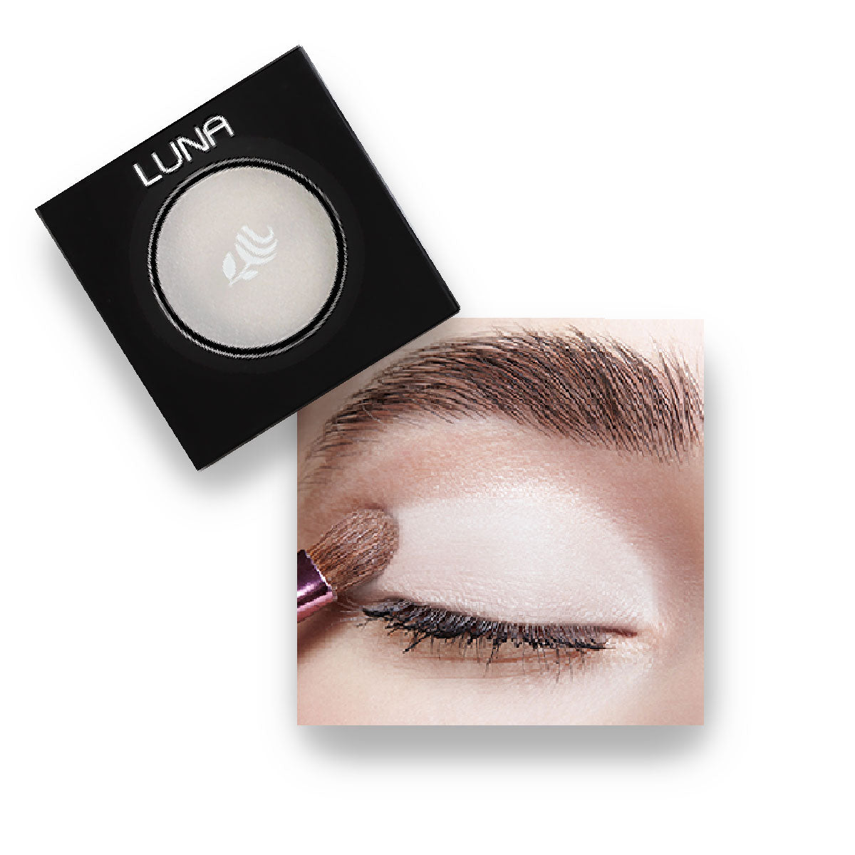 Refect Beauty LUNA eyeshadow in a shimmering white shade being applied to an eyelid with a makeup brush.