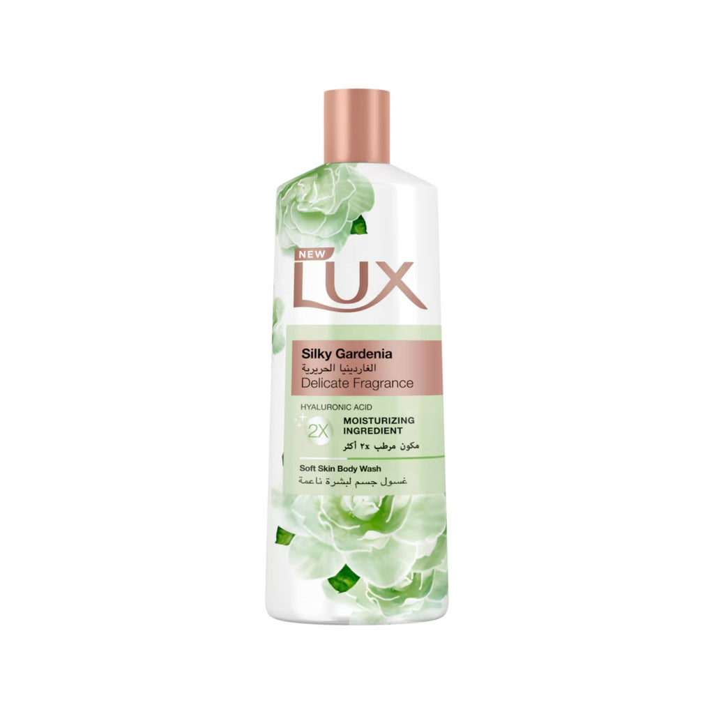 Refect Beauty Lux Silky Gardenia body wash bottle with floral design, featuring moisturizing hyaluronic acid formula.