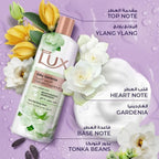 Refect Beauty Lux Silky Gardenia body wash bottle surrounded by gardenia flowers, ylang ylang, and creamy lather