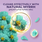 Refect Beauty Lux hand wash advertisement featuring teal flowers and golden bubbles on a soft purple background