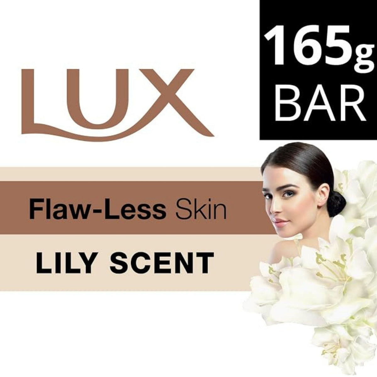 Refect Beauty Lux Flaw-Less Skin bar soap with lily scent, featuring a woman surrounded by white lily flowers.