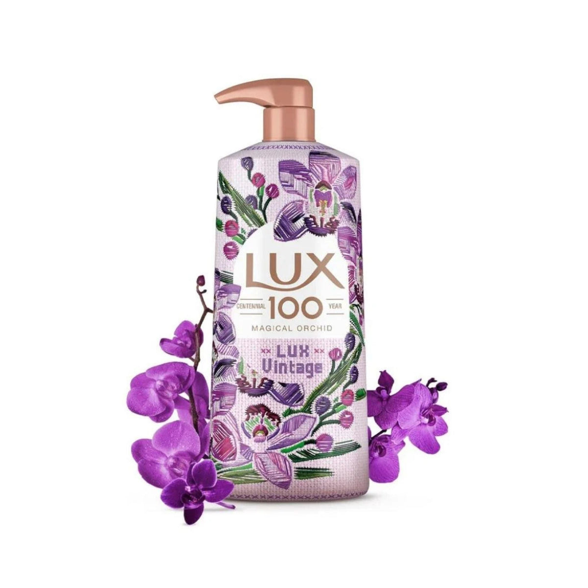 Refect Beauty Lux 100 Years Magical Orchid body wash in a 500ml pump bottle with purple orchid floral design