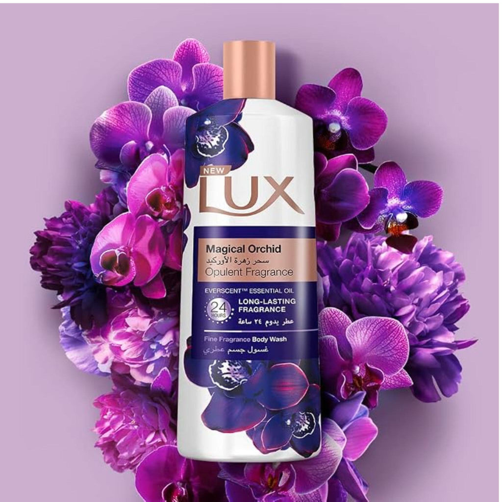 Refect Beauty Lux Magical Orchid shower gel bottle surrounded by vibrant purple orchid flowers on a purple background.