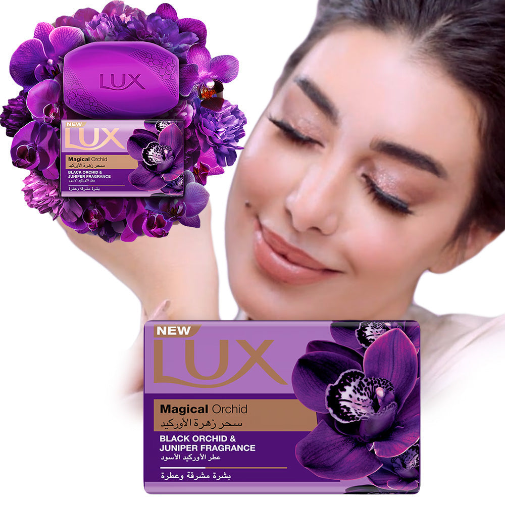 Refect Beauty Lux Magical Orchid soap bar with floral packaging next to a woman with glowing skin