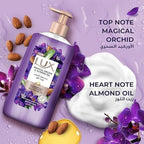 Refect Beauty Lux Orchid and Almond Oil scented hand wash bottle with purple orchid flowers and almond accents