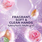 Refect Beauty Lux hand wash featuring soft rose petals and almond oil in a refreshing, bubbly purple liquid background.
