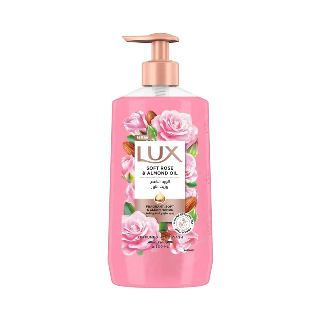 Refect Beauty Lux Soft Rose and Almond Oil hand wash in a pink pump bottle with floral and almond illustrations.