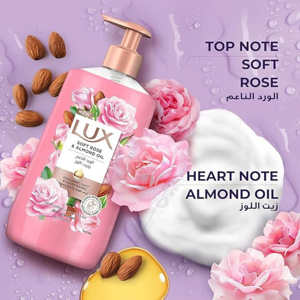 Refect Beauty Lux Soft Rose and Almond Oil hand wash bottle with floral accents and creamy lather on purple background