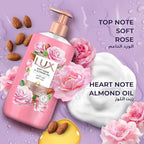 Refect Beauty Lux Soft Rose and Almond Oil hand wash bottle with floral accents and creamy lather on purple background