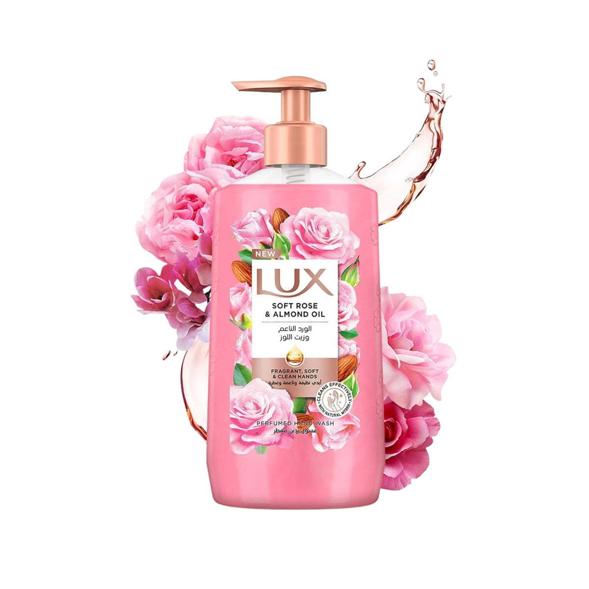 Refect Beauty Lux Soft Rose and Almond Oil perfumed hand wash in a pink bottle with rose and almond floral accents.