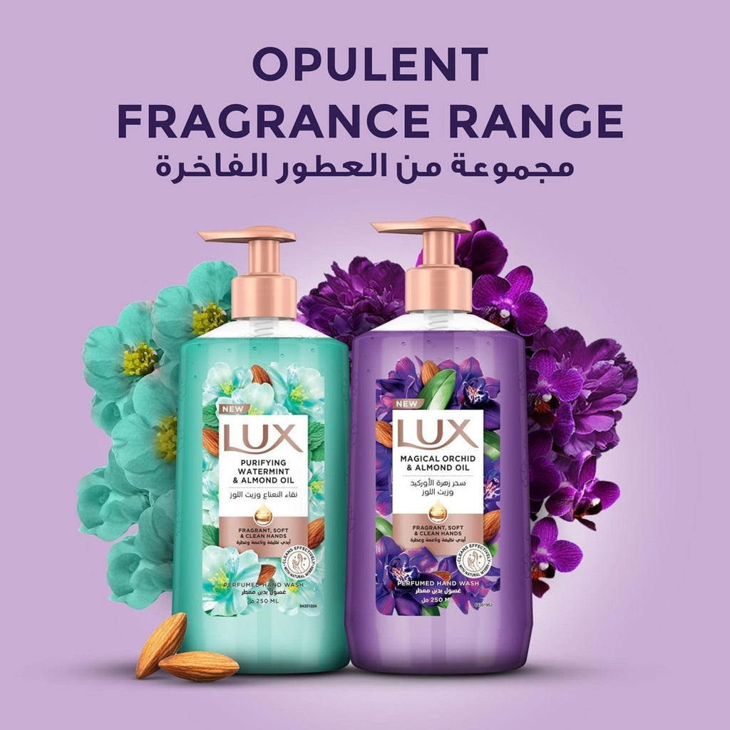 Refect Beauty Lux hand wash bottles in mint and purple, featuring orchid and almond oil scents on a floral background.