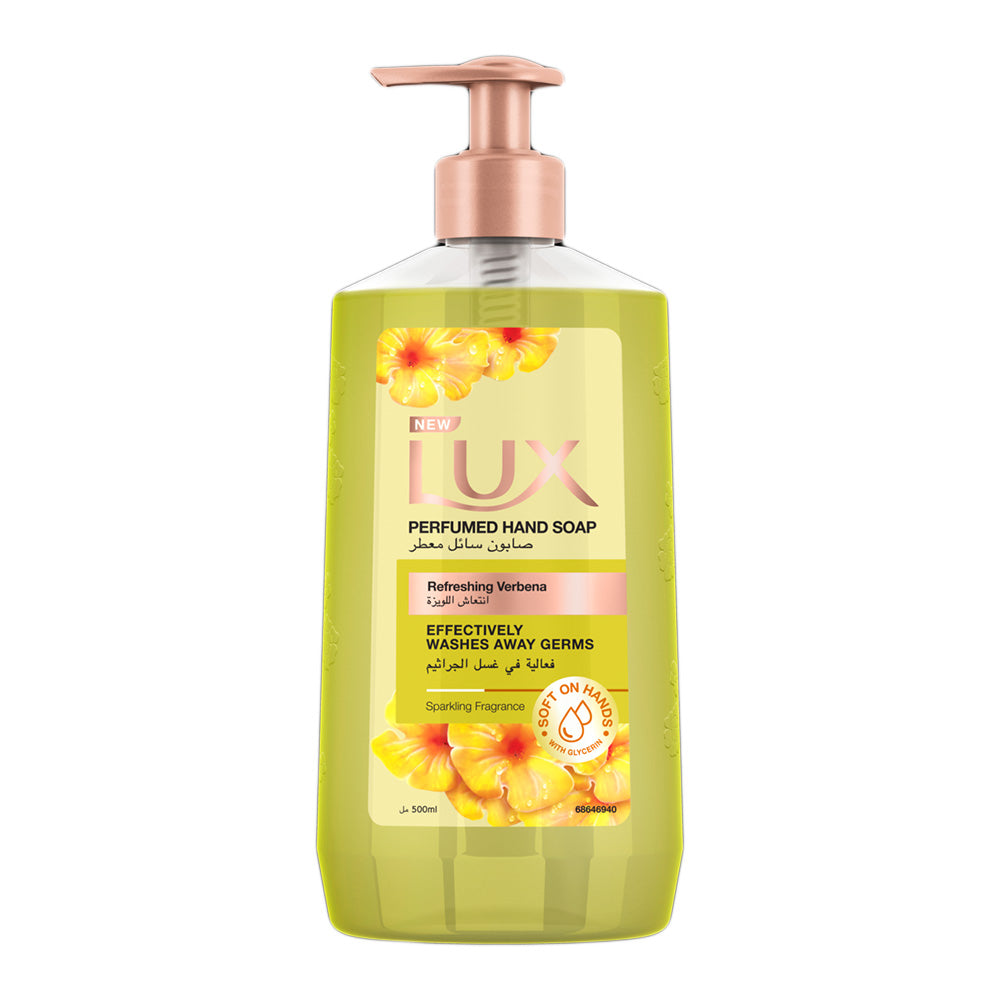 Refect Beauty LUX Refreshing Verbena hand wash in a 500ml pump bottle with yellow floral label design