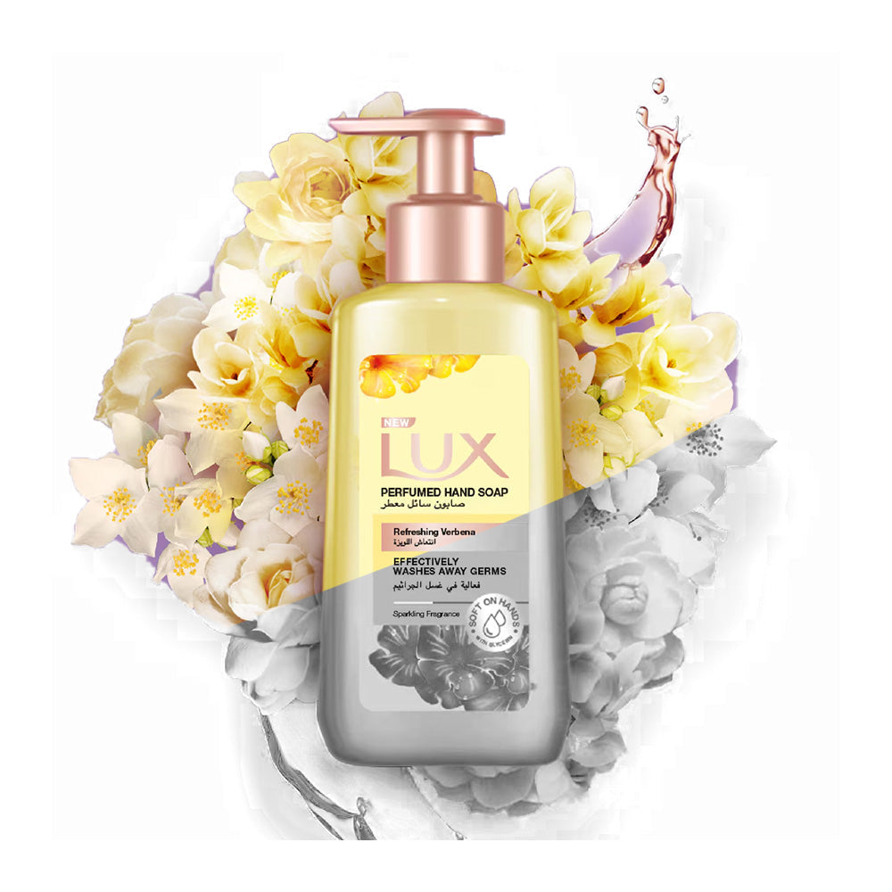 Refect Beauty LUX Refreshing Verbena hand wash in a pump bottle surrounded by yellow and white floral accents.