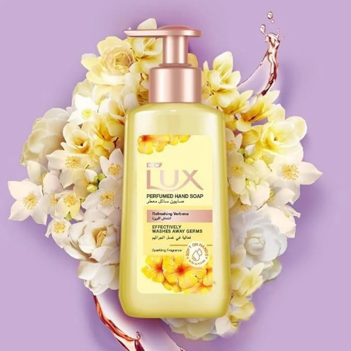 Refect Beauty LUX Refreshing Verbena hand wash bottle with pump, surrounded by white flowers on a purple background.