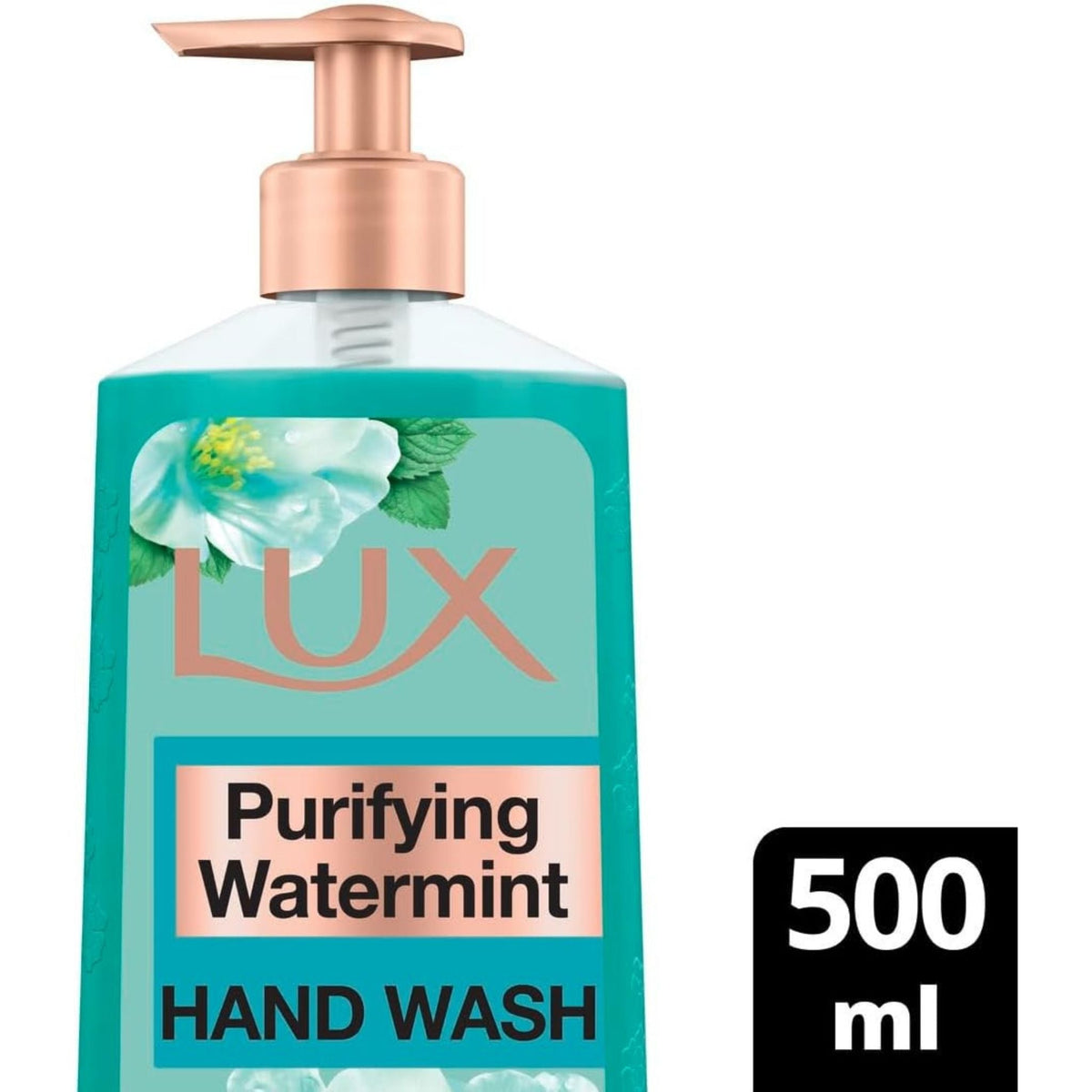 Refect Beauty Lux Purifying Watermint antibacterial hand wash in a 500ml bottle with a rose gold pump dispenser.