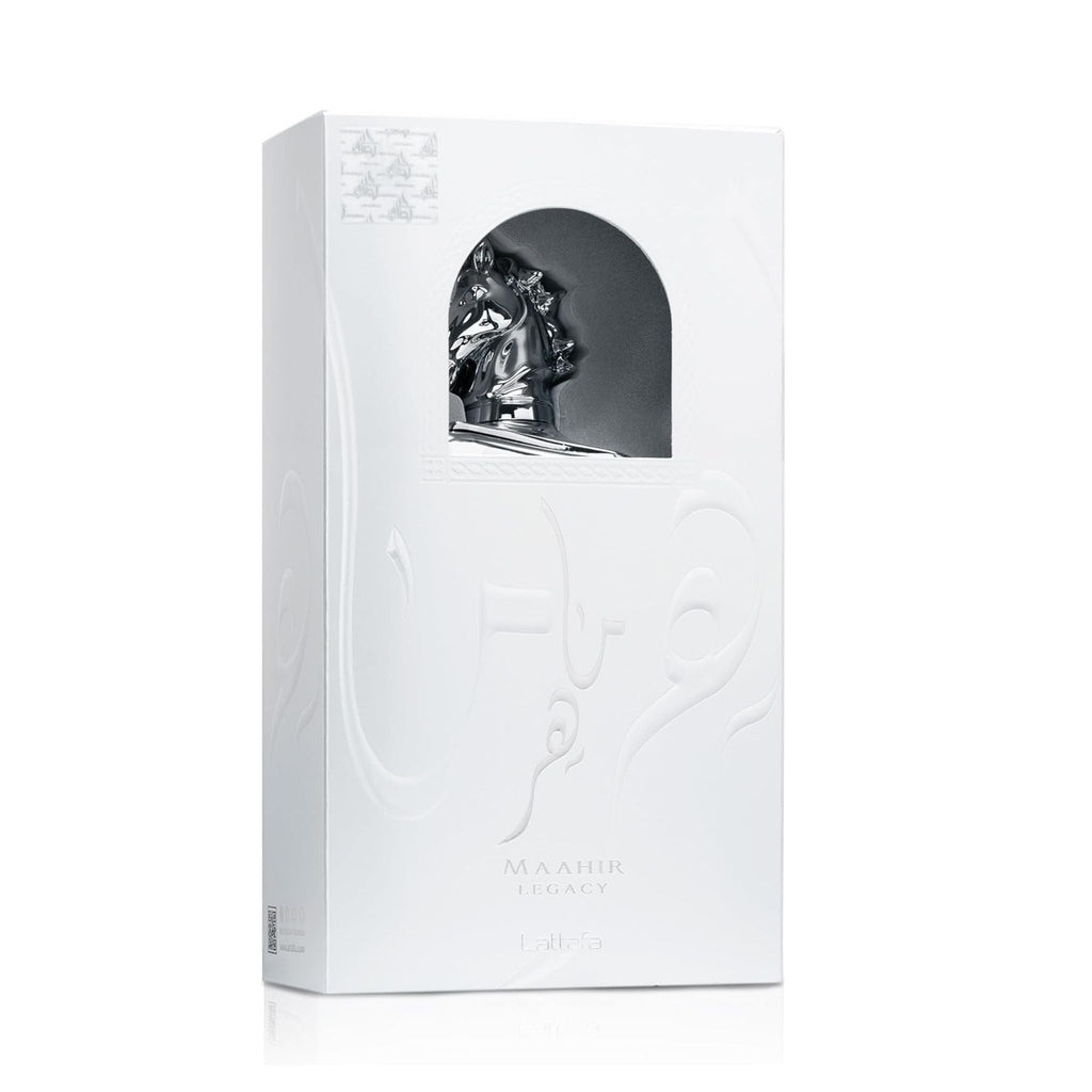 Refect Beauty Lattafa Maahir Legacy Eau de Parfum in a white box with a silver horse head sculpture cutout