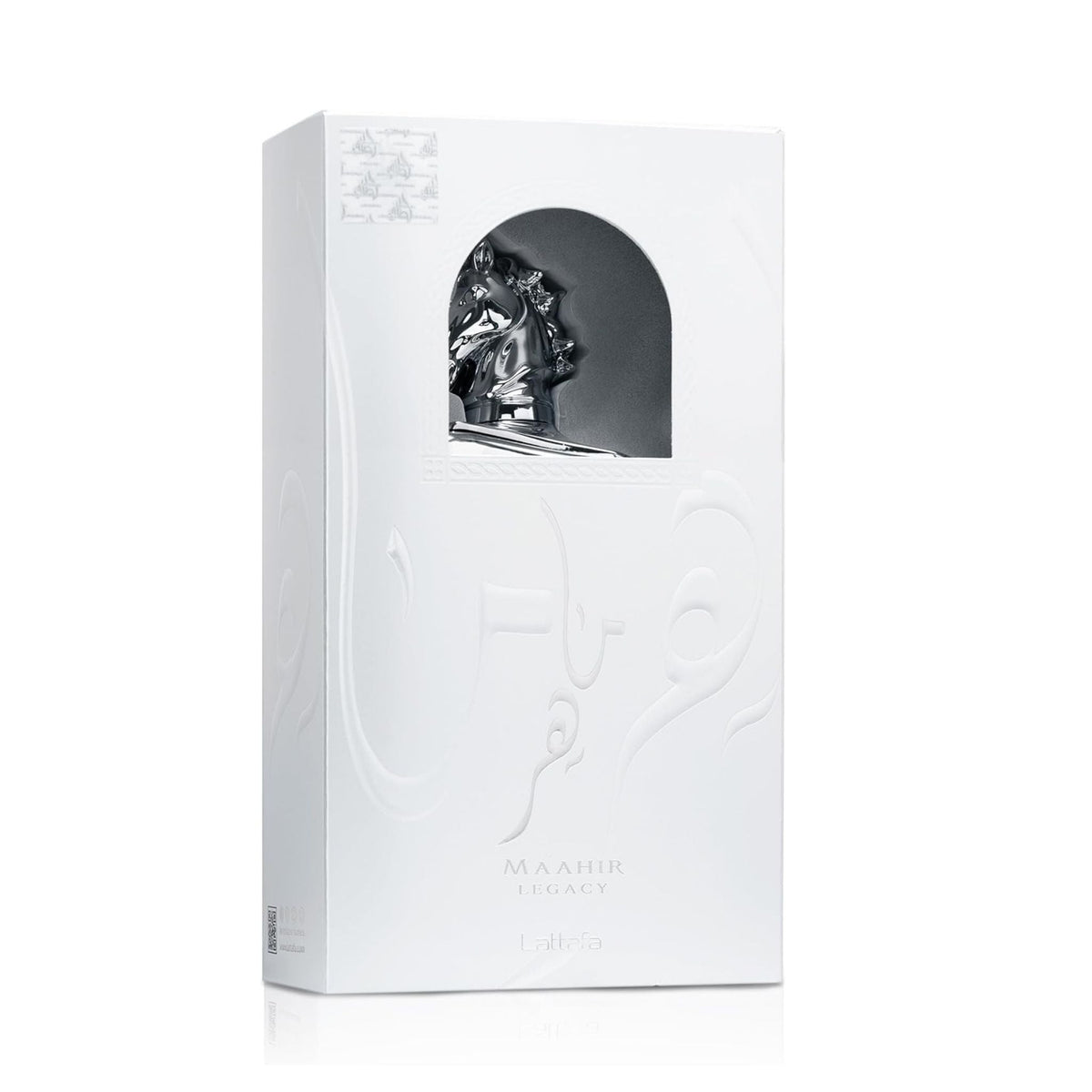 Refect Beauty Lattafa Maahir Legacy Eau de Parfum in a white box with a silver horse head sculpture cutout