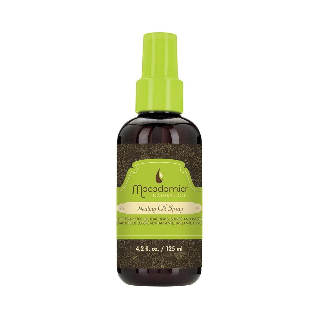 Refect Beauty Macadamia Natural Oil Healing Oil Spray in a brown bottle with a lime green spray cap.
