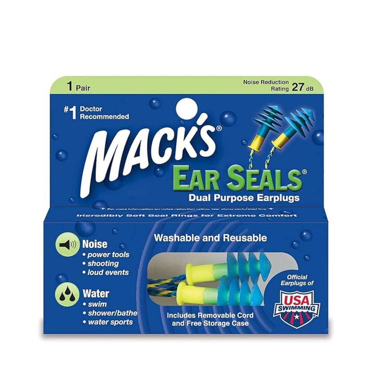 Refect Beauty MACK'S Ear Seals reusable silicone earplugs in blue and yellow with storage case and removable cord