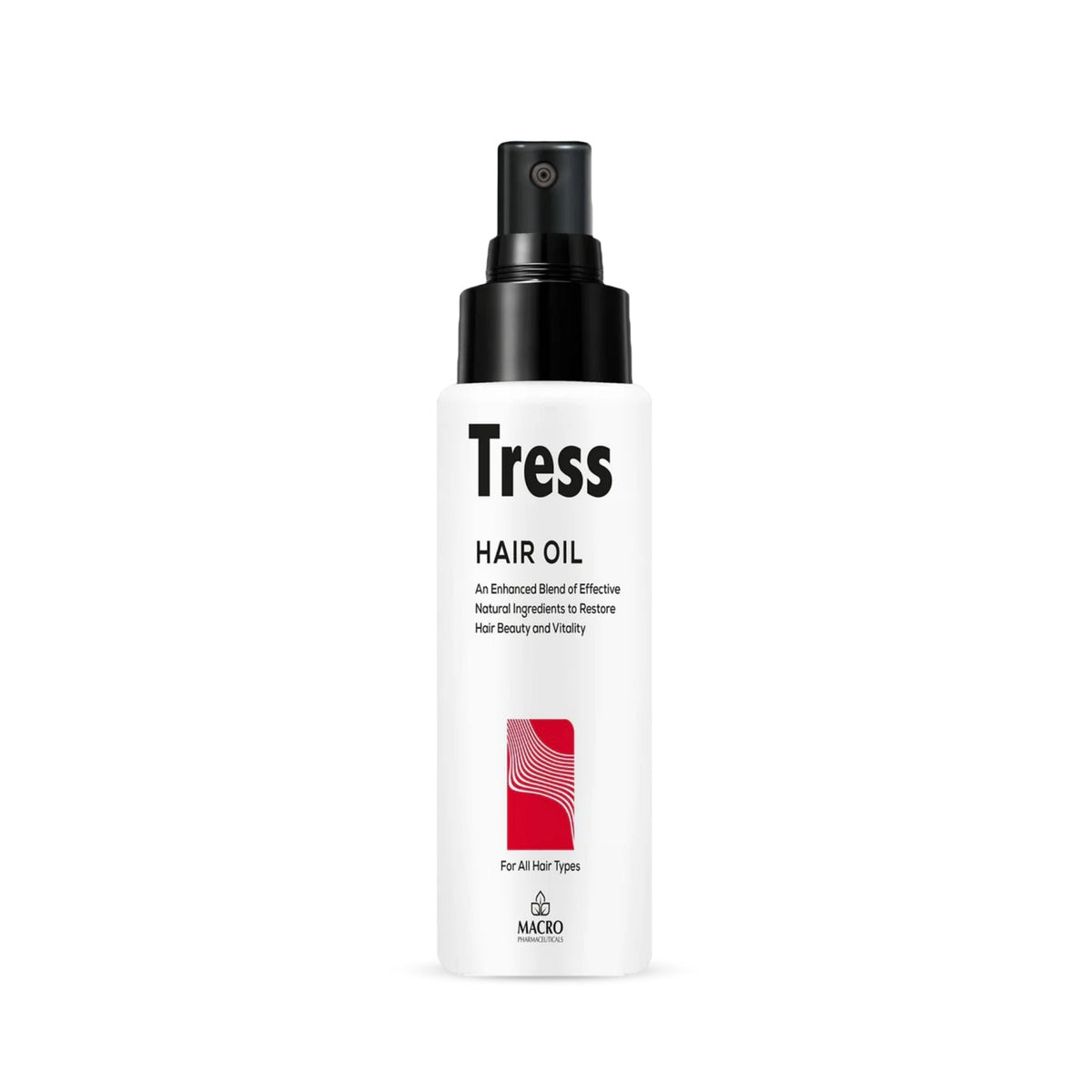 Refect Beauty Macro Tress hair oil in a white spray bottle with black pump for restoring dry and damaged hair