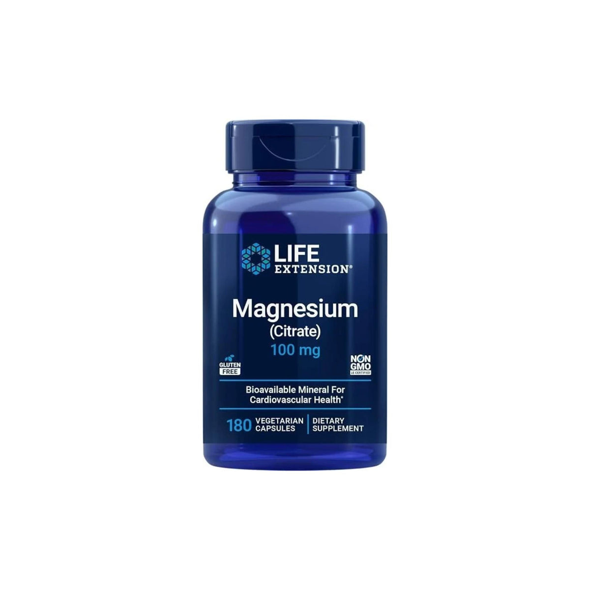 Refect Beauty Life Extension Magnesium Citrate 100mg supplement bottle with 180 vegetarian capsules