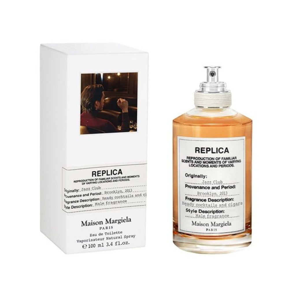 Refect Beauty Maison Margiela Replica Jazz Club eau de toilette bottle and white box with vintage jazz club imagery.