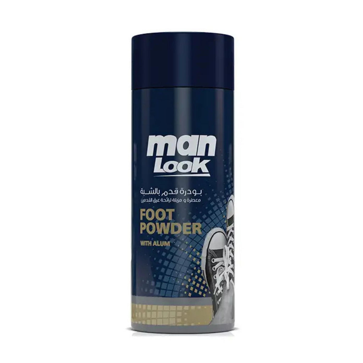 Refect Beauty Eva Man Look Alum Foot Powder bottle for odor control and moisture absorption in a dark blue container.