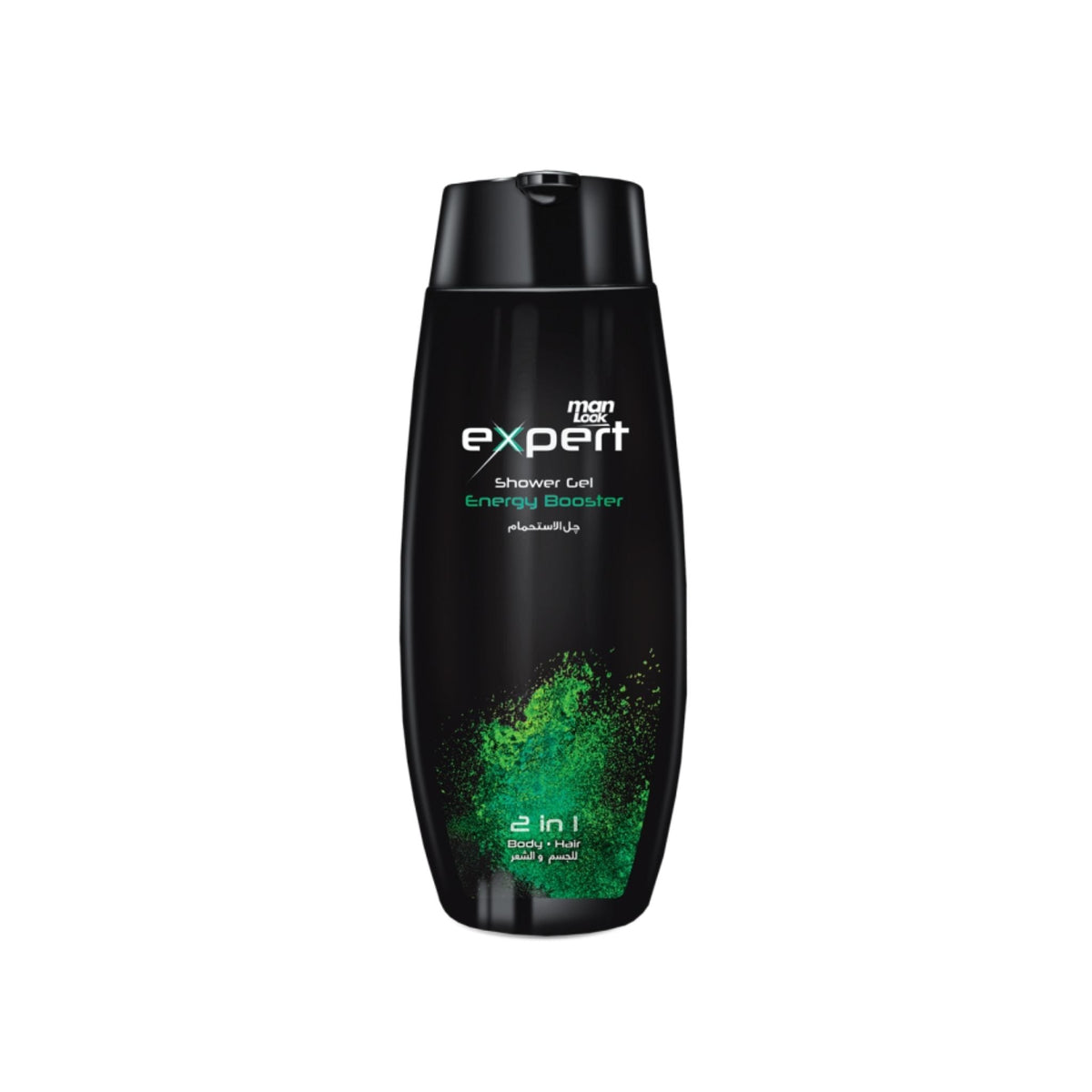 Refect Beauty Eva Man Look Energy Booster 2-in-1 shower gel in a black bottle with green powder splash design.