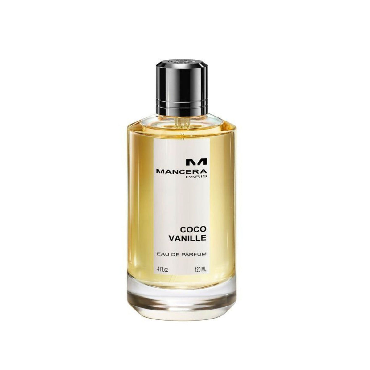 Refect Beauty Mancera Coco Vanille Eau de Parfum in a clear glass bottle with a silver cap and golden fragrance liquid