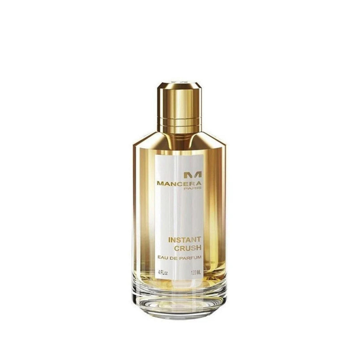 Refect Beauty Mancera Paris Instant Crush Eau de Parfum in a sleek gold-toned glass bottle with a metallic cap.