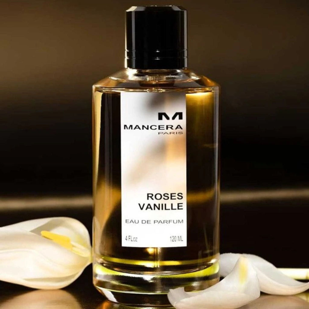 Refect Beauty Mancera Paris Roses Vanille Eau de Parfum in a clear glass bottle with a black cap and white label.