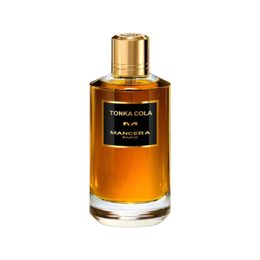 Refect Beauty Mancera Tonka Cola Eau de Parfum in a cylindrical glass bottle with a gold cap and amber liquid.