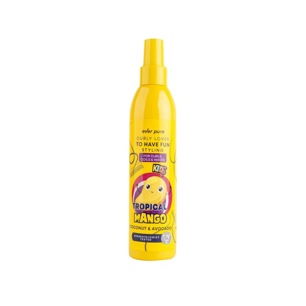 Refect Beauty Ever Pure Kids mango scented detangling spray for curly and wavy hair in a bright yellow bottle
