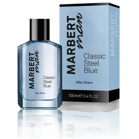 Refect Beauty Marbert Man Classic Steel Blue after shave bottle and packaging box with a light blue and black design