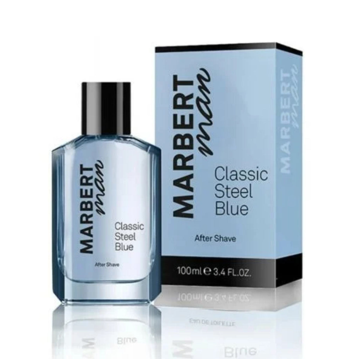 Refect Beauty Marbert Man Classic Steel Blue after shave bottle and matching blue cardboard packaging box