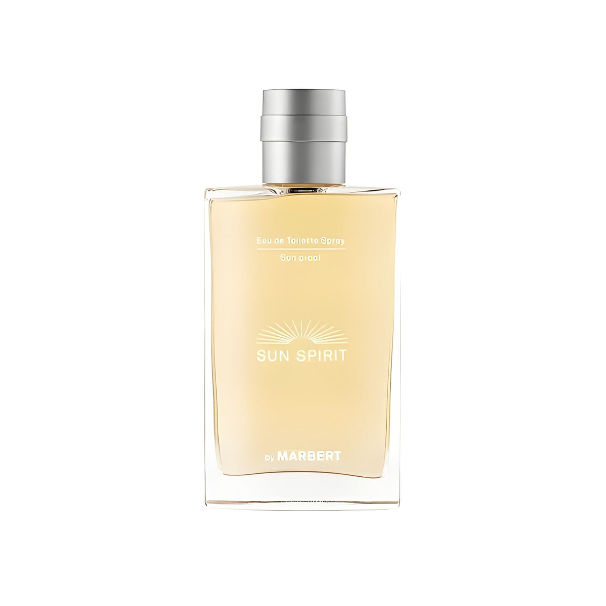 Refect Beauty Marbert Sun Spirit Eau de Toilette in a clear glass bottle with a silver cap and golden fragrance.