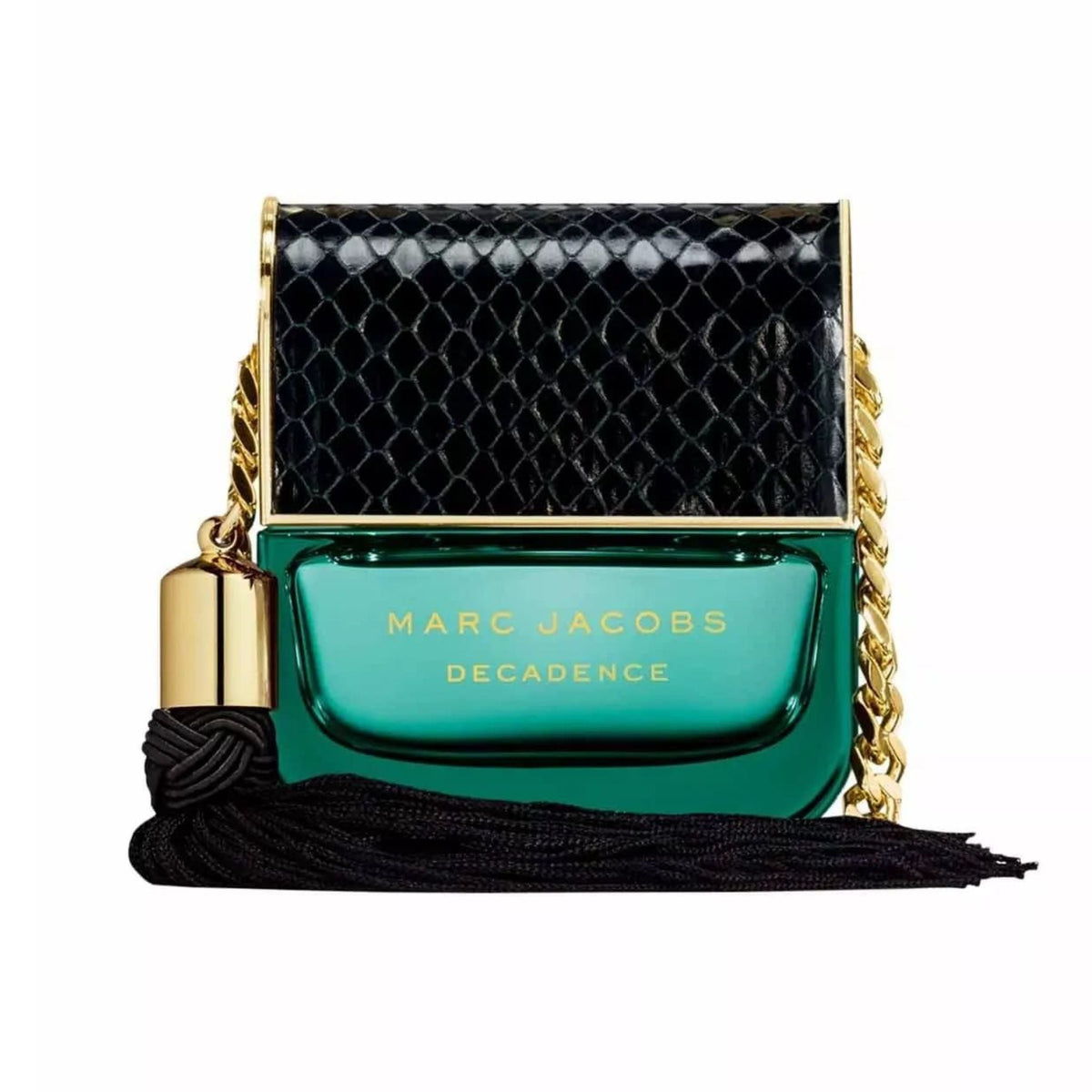 Refect Beauty Marc Jacobs Decadence perfume bottle with green glass, black snakeskin cap, gold chain, and black tassel.