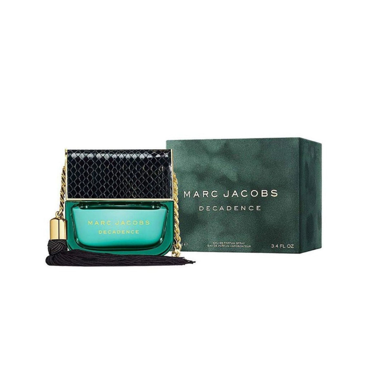 Refect Beauty Marc Jacobs Decadence perfume bottle with green glass and black snakeskin cap next to its green box.