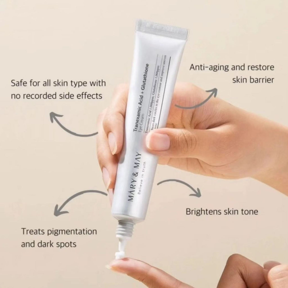 Refect Beauty Mary & May Tranexamic Acid + Glutathione eye cream tube being squeezed to show white cream texture